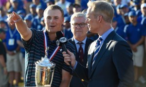 Jun 21, 2015; University Place, WA, USA; Jordan Spieth (left) is interviewed by FOX Sports announcer Joe Buck (right) after winning the 2015 U.S. Open golf tournament at Chambers Bay. Mandatory Credit: Michael Madrid-USA TODAY Sports